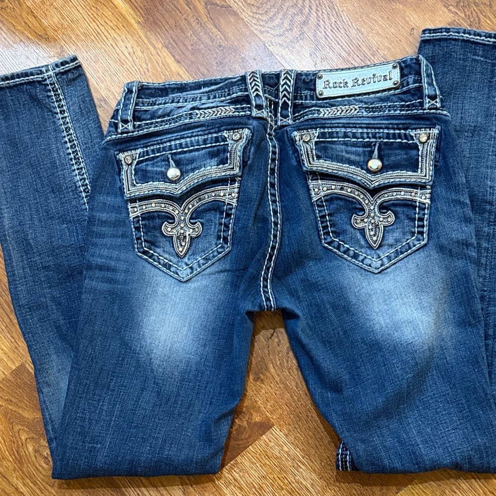 Rock Revival Blue Skinny Jeans with Embellished Pockets